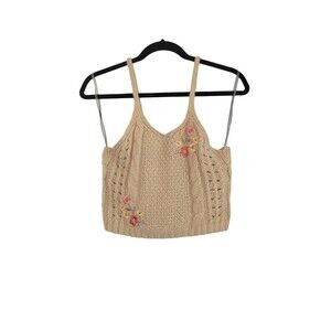 Crave Fame Tan Floral Embroidered Crop  Sweater Tank Size XSmall Crocheted Tank